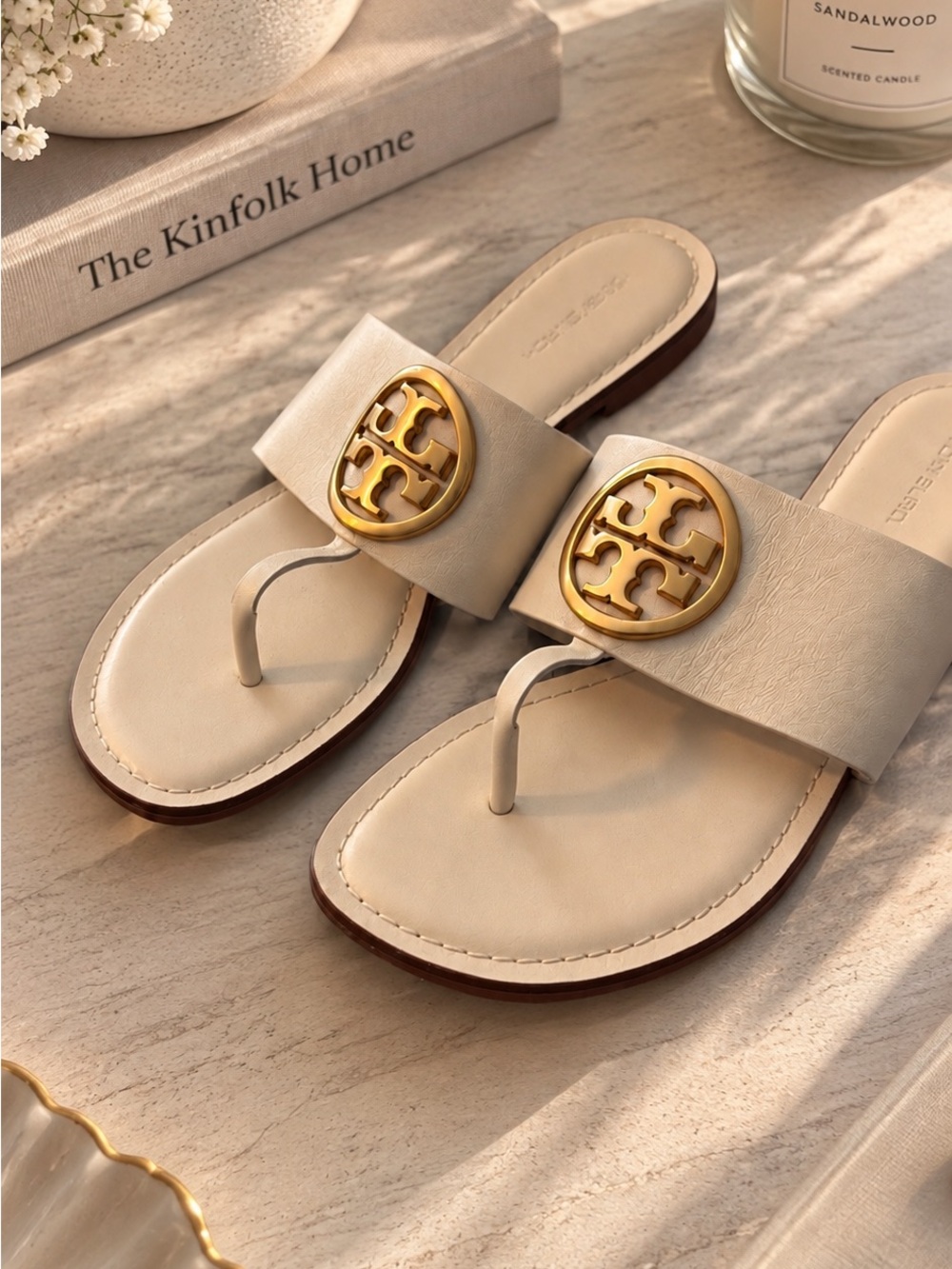 Tory Burch Cream Thong Sandals with Gold Logo Medallion
